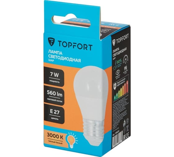 Светодиодная лампа Topfort E27, 7W, 3000K, шар 1886252