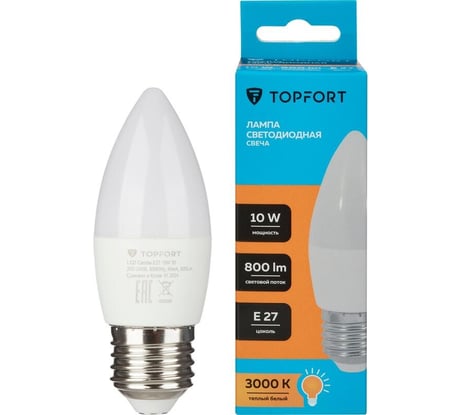 Светодиодная лампа Topfort E27, 10W, 3000K, свеча 1886253