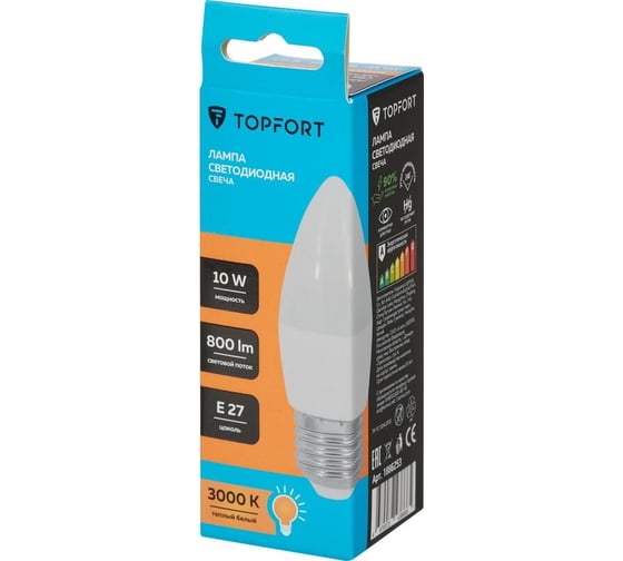 Светодиодная лампа Topfort E27, 10W, 3000K, свеча 1886253