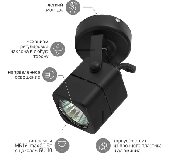 Накладной светильник ЭРА OL3, GU10, BK черный, Б0044264