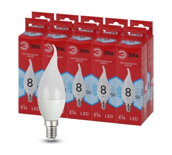 Набор светодиодных лампочек ЭРА RED LINE LED BXS8W840E14 R (EC) Е14 / E14 8Вт свеча на ветру, 10 штук Б0056239