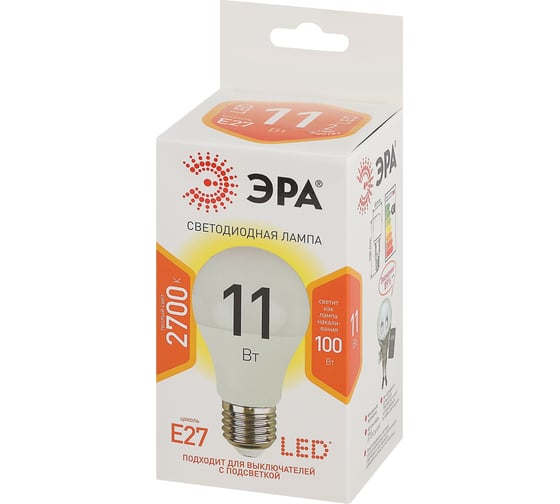 Набор светодиодных лампочек ЭРА STD LED A6011W827E27 (EC) Е27 / E27 11Вт груша, теплый белый свет, 10 штук Б0056276