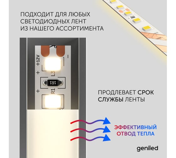 Профиль для светодиодной ленты geniled алюминиевый, врезной, 1 метр, 3 шт, черный 12130b_1_ch_3