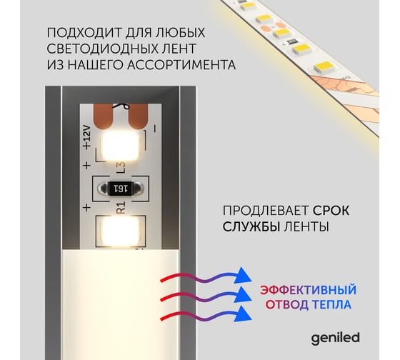 Профиль для светодиодной ленты geniled алюминиевый, накладной, 1 метр, 5 шт, белый 12131_1_ch_5