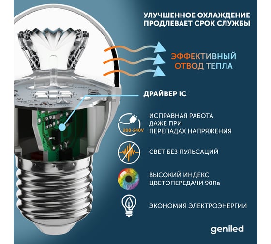 Светодиодная лампа geniled энергосберегающая, E27, A60, 12Вт, 4000К 90Ra, груша, 5 шт 01371_4000_5