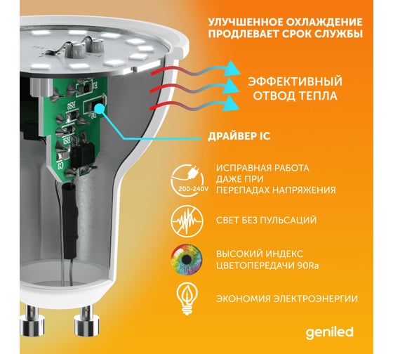 Светодиодная лампа geniled энергосберегающая GU10 MR16 9Вт 3000K 90Ra Софит 10 шт 01381_3000_10