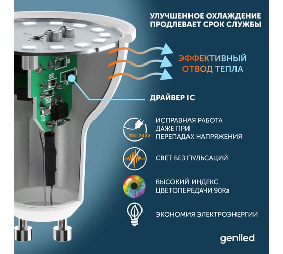 Светодиодная лампа geniled энергосберегающая, GU10, MR16, 9Вт, 4000K, 90Ra, софит, 3 шт 01381_4000_3