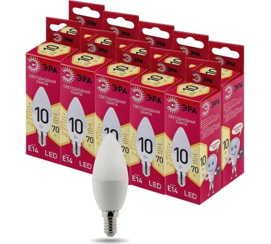 Набор светодиодных лампочек ЭРА RED LINE LED, B3510W827E14 R (EC) Е14/E14, 10Вт, свеча теплый, 10 шт Б0056232