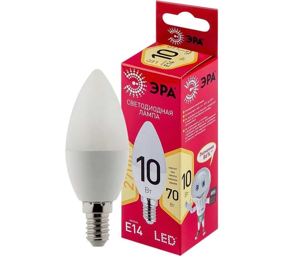 Набор светодиодных лампочек ЭРА RED LINE LED, B3510W827E14 R (EC) Е14/E14, 10Вт, свеча теплый, 10 шт Б0056232
