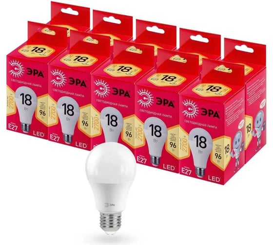 Набор светодиодных лампочек ЭРА RED LINE LED A6518W827E27 R (EC) Е27 / E27 18Вт, груша теплый, 10 шт Б0056196