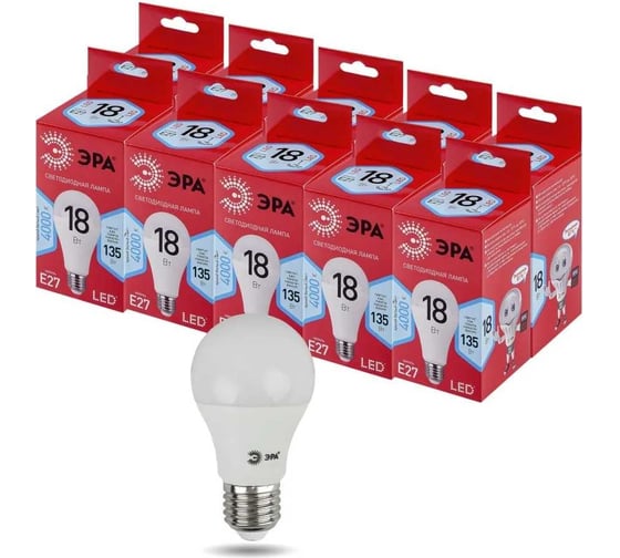 Набор светодиодных лампочек ЭРА RED LINE LED A6518W840E27 R (EC) Е27 / E27 18Вт, груша, нейтральный, 10 шт Б0056197