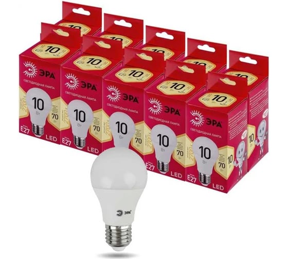 Набор светодиодных лампочек ЭРА RED LINE LED A6010W827E27 R (EC) Е27 / E27 10Вт, груша теплый, 10 шт Б0056190