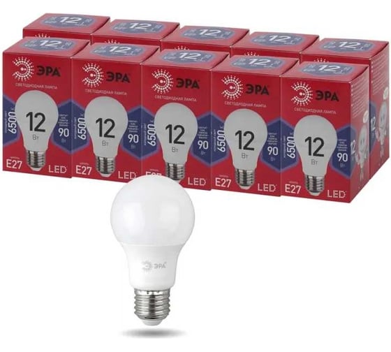 Набор светодиодных лампочек ЭРА RED LINE LED A6012W865E27 R (EC) Е27 / E27 12Вт, груша, холодный, 10 шт Б0056195