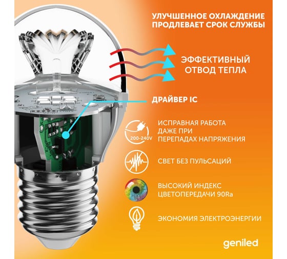 Светодиодная энергосберегающая лампа geniled E27 G45 9Вт 3000K 90Ra Шар 10 шт 01394_3000_10