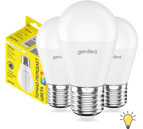 Светодиодная энергосберегающая лампа geniled E27 G45 9Вт 3000K 90Ra Шар 3 шт 01394_3000_3
