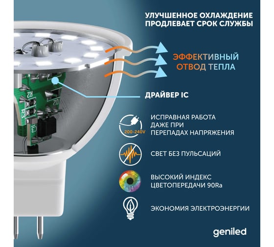 Светодиодная энергосберегающая лампа geniled GU5.3 MR16 6Вт 4000K 90Ra Софит 10 шт 01383_4000_10