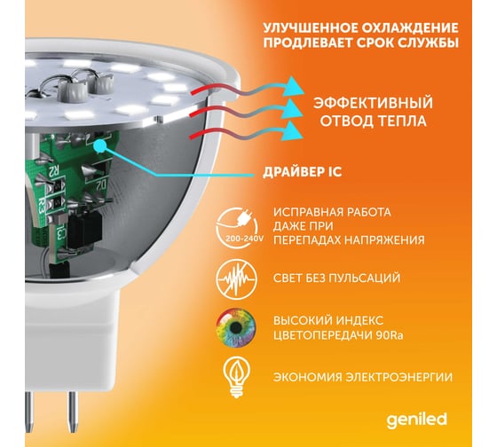 Светодиодная энергосберегающая лампа geniled GU5.3 MR16 9Вт 3000K 90Ra Софит 10 шт 01385_3000_10