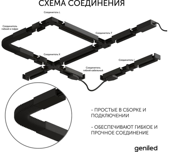 Соединитель geniled гибкий в гофре для шинопровода однофазного черный 22023