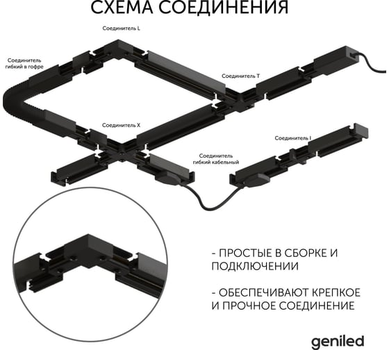 Соединитель geniled угловой для шинопровода однофазного черный 22017