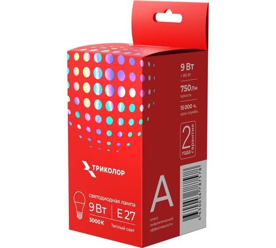 Лампа светодиодная Триколор LED А60 9Вт 3000K E27 LED-TR-А609w3KE27
