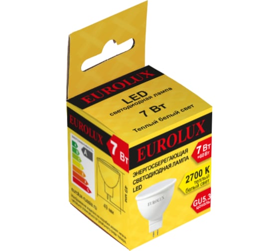 Светодиодная лампа Eurolux LL-E-MR16-7W-230-2,7K-GU5.3, рефлектор, 7Вт, теплый белый, GU5.3/  76/2/23