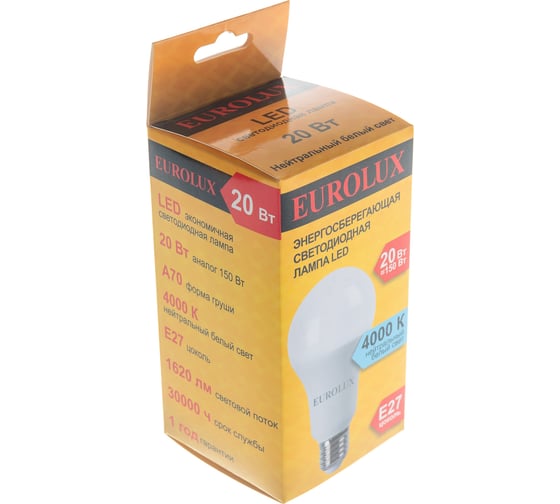 Светодиодная лампа Eurolux LL-E-A70-20W-230-4K-E27/груша, 20Вт, нейтральный, Е27 76/2/22