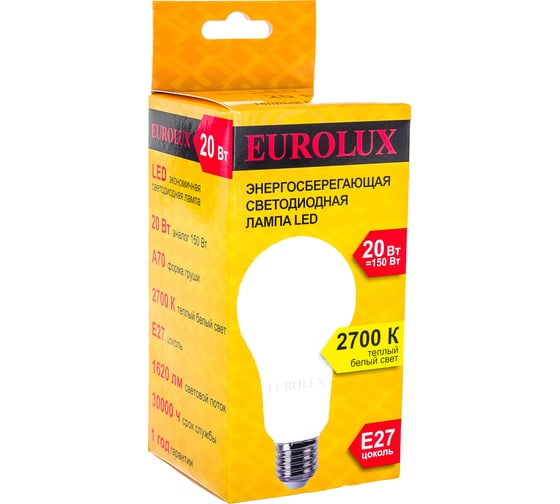 Светодиодная лампа Eurolux LL-E-A70-20W-230-2,7K-E27/груша, 20Вт, теплый белый, Е27 76/2/21
