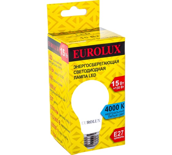 Светодиодная лампа Eurolux LL-E-A60-15W-230-4K-E27/груша, 15Вт, нейтральный, Е27 76/2/20
