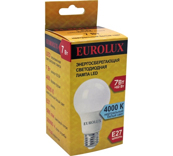 Светодиодная лампа Eurolux LL-E-A60-7W-230-4K-E27/груша, 7Вт, нейтральный, Е27 76/2/12