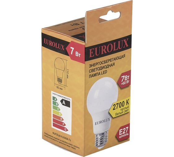 Светодиодная лампа Eurolux LL-E-A60-7W-230-2,7K-E27/груша, 7Вт, теплый белый, Е27 76/2/11
