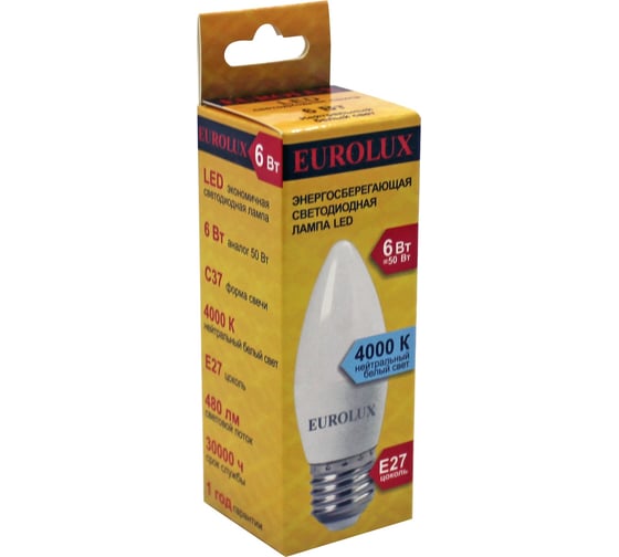 Светодиодная лампа Eurolux LL-E-C37-6W-230-4K-E27/свеча, 6Вт, нейтральный, Е27 76/2/10