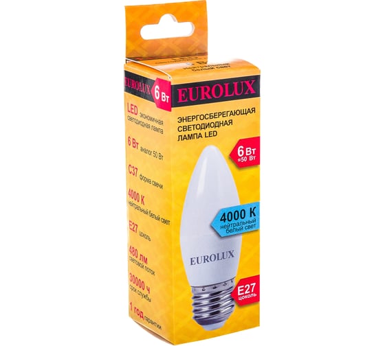 Светодиодная лампа Eurolux LL-E-C37-6W-230-4K-E27/свеча, 6Вт, нейтральный, Е27 76/2/10