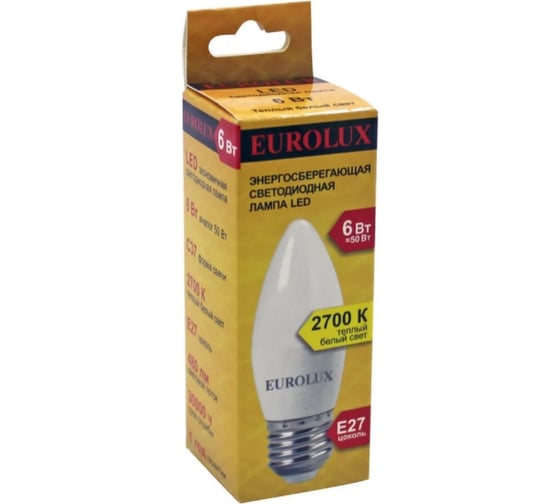 Светодиодная лампа Eurolux LL-E-C37-6W-230-2,7K-E27/свеча, 6Вт, теплый белый, Е27 76/2/9