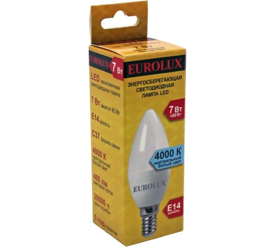 Светодиодная лампа Eurolux LL-E-C37-7W-230-4K-E14/свеча, 7Вт, нейтральный, Е14 76/2/8