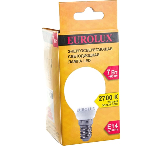 Светодиодная лампа Eurolux LL-E-G45-7W-230-2,7K-E14/шар, 7Вт, теплый белый, Е14 76/2/5