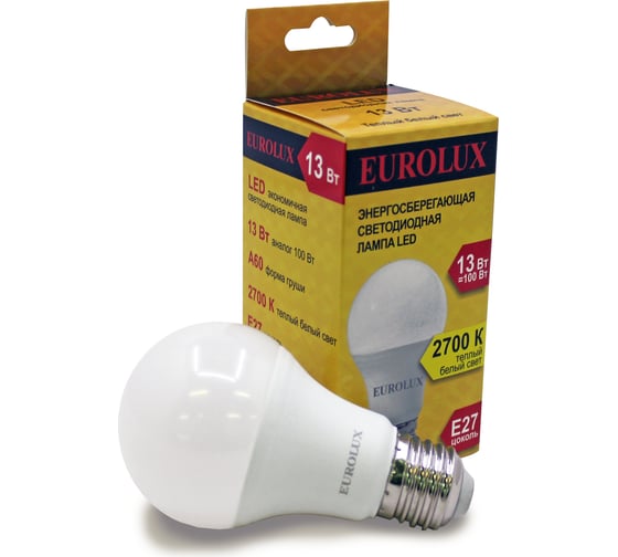 Светодиодная лампа Eurolux LL-E-A60-13W-230-2,7K-E27/груша, 13Вт, теплый белый, Е27 76/2/17