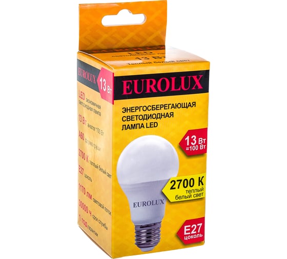 Светодиодная лампа Eurolux LL-E-A60-13W-230-2,7K-E27/груша, 13Вт, теплый белый, Е27 76/2/17