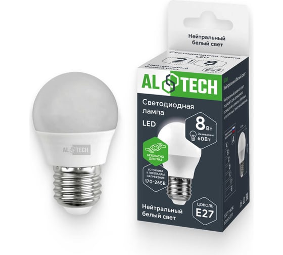 Лампочка светодиодная ALTECH LED G45-8W-840-Е27 8Вт шарик нейтральный белый свет 4673758070968 33151356