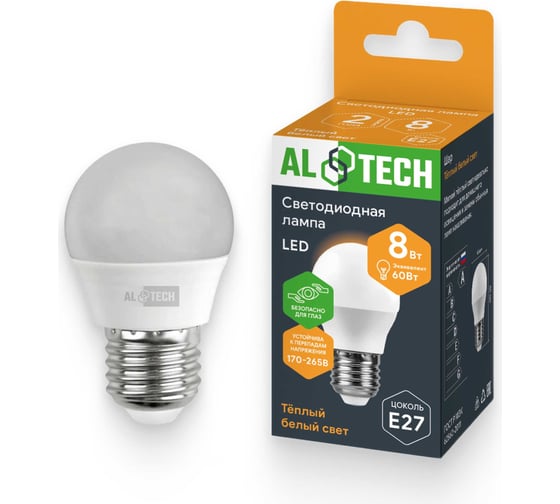 Лампочка светодиодная ALTECH LED G45-8W-830-Е27 8Вт шарик теплый белый свет 4673758070951