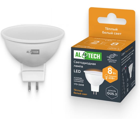 Лампочка светодиодная ALTECH LED MR16-8W-830-GU5.3 8Вт софит теплый белый свет 4673758071095