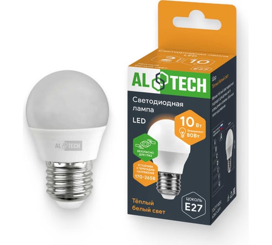 Лампочка светодиодная ALTECH LED G45-10W-830-Е27 10Вт шарик теплый белый свет 4673758070999 33151716