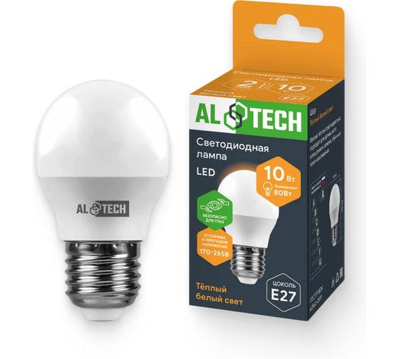 Лампочка светодиодная ALTECH LED G45-10W-830-Е27 10Вт шарик теплый белый свет 4673758070999