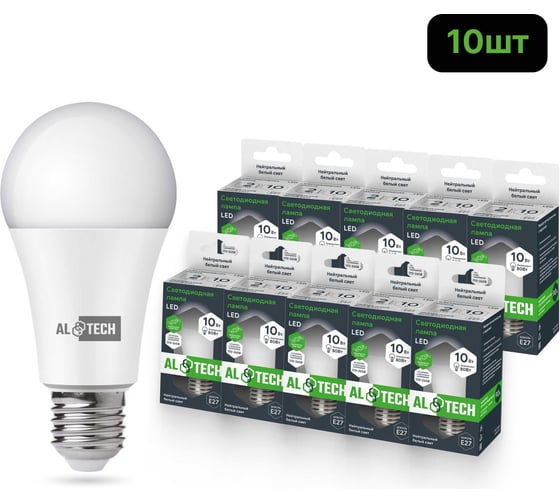 Лампочка светодиодная ALTECH LED Р60-10W-840-E27 10Вт груша нейтральный белый свет 10шт 4673758071347