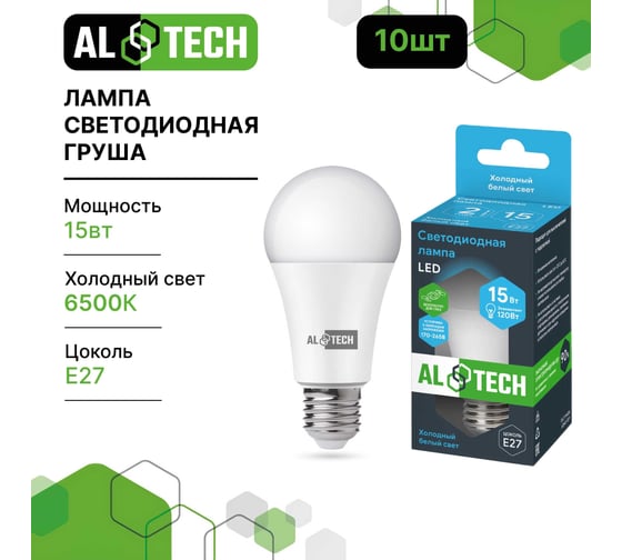 Лампочка светодиодная ALTECH LED Р60-15W-865-E27 15Вт груша холодный белый свет 10шт 4673758071415