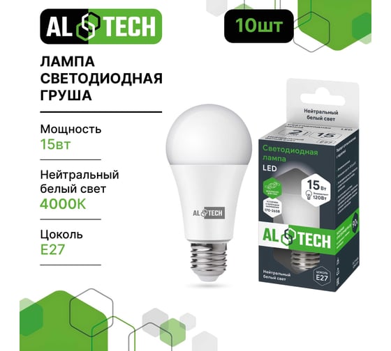 Лампочка светодиодная ALTECH LED Р60-15W-840-E27 15Вт груша нейтральный белый свет 10шт 4673758071408