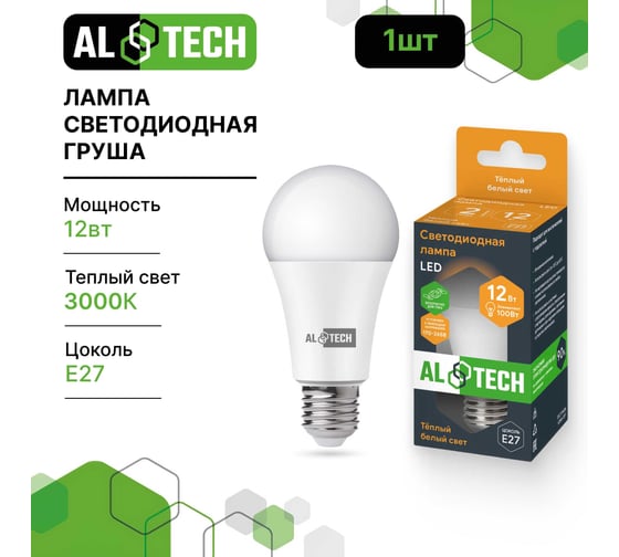 Лампочка светодиодная ALTECH LED Р60-12W-830-E27 12Вт груша теплый белый свет 4673758070234