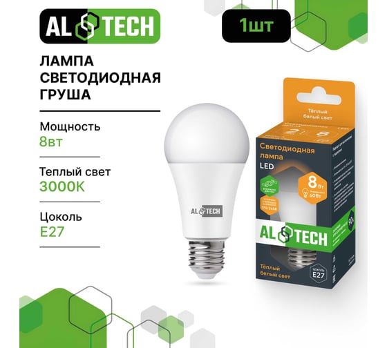 Лампочка светодиодная ALTECH LED Р60-8W-830-E27 8Вт груша теплый белый свет 4673758070180