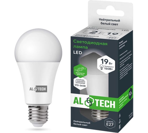 Лампочка светодиодная ALTECH LED Р60-19W-840-E27 19Вт груша нейтральный белый свет 4673758070333 - выгодная цена, отзывы, характеристики, фото - купить в Москве и РФ