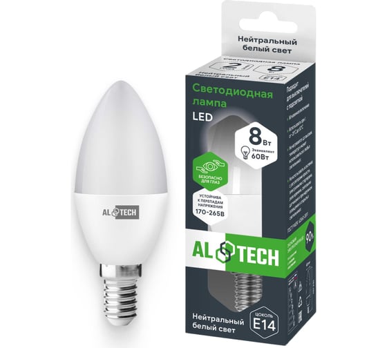 Лампочка светодиодная ALTECH LED С35-8W-840-E14 8Вт свеча нейтральный белый свет 4673758070036 1