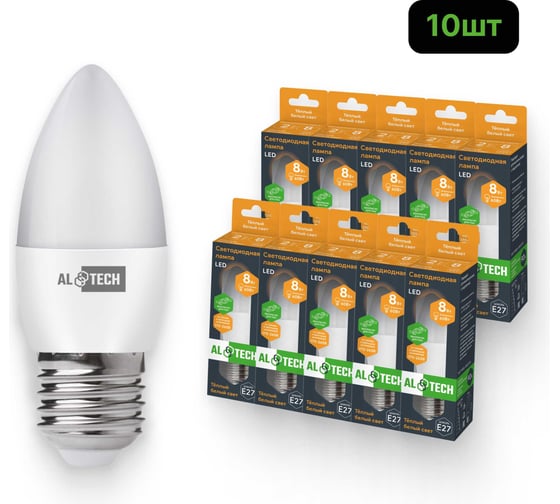 Лампочка светодиодная ALTECH LED С35-8W-830-E27 8Вт свеча теплый белый свет 10шт 4673758071170 1